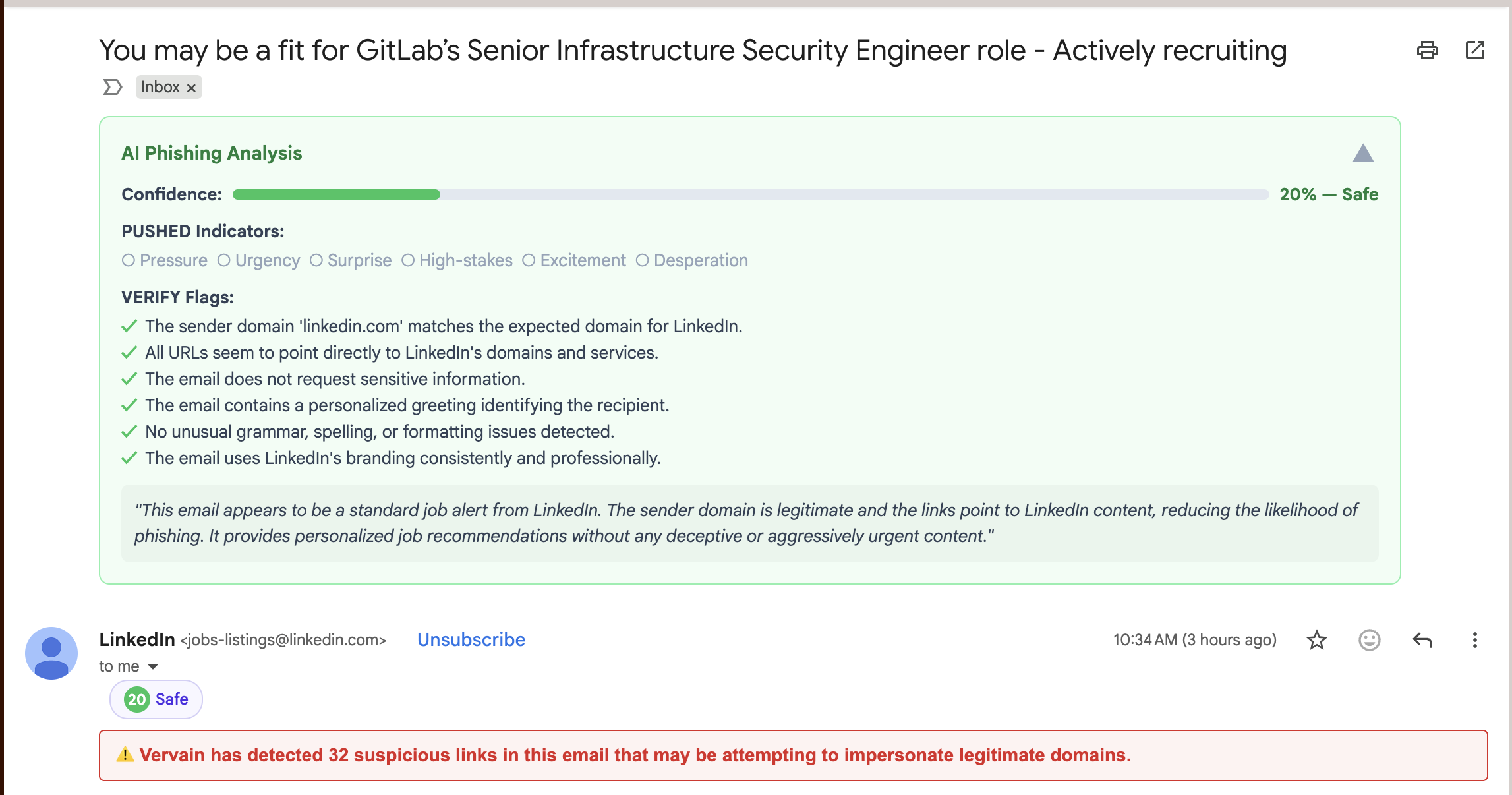 Vervain AI analysis results showing a LinkedIn email rated 20% confidence Safe